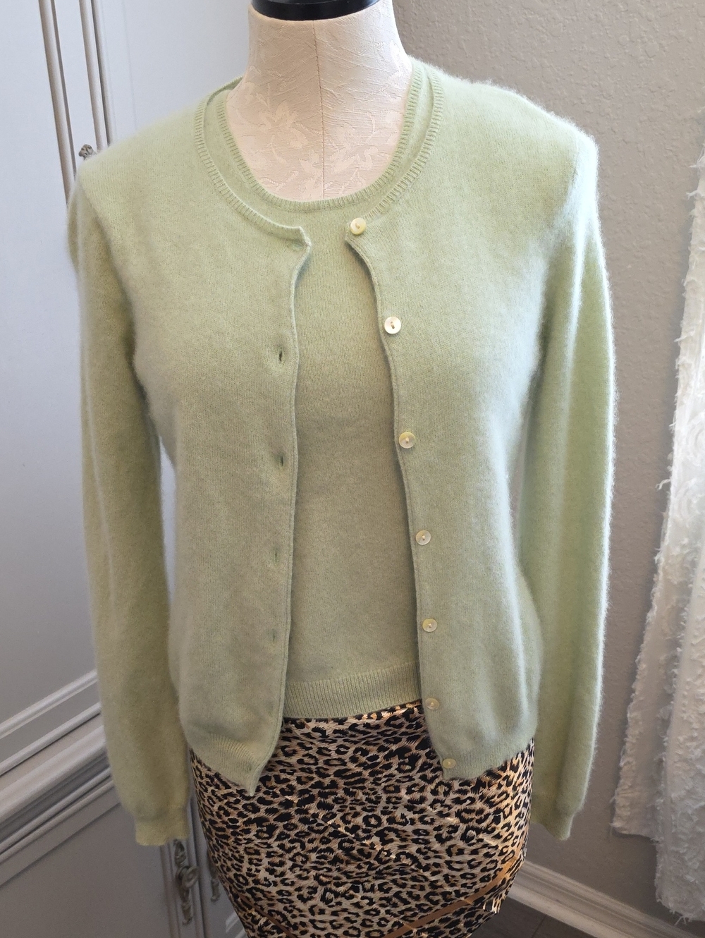 Barneys New York Mint Green Crewneck Cardigan & Shell Duo